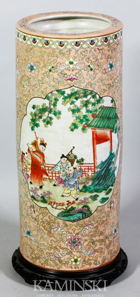 Chinese Famille Rose Umbrella Holder and Stand: Chinese famille rose umbrella holder having stand, 1950's - 60's, 25 1/2"h x 10"d.