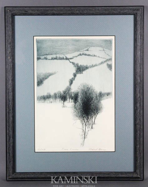 Etching of Winter Landscape: Etching of winter landscape in black and white with bar trees outlining fields, signed along bottom edge "Tree Lines - 83/250 - Robert Bero" (American 1941–2007), 13"h x 9"w (sight), 20"h x 16"w (fr