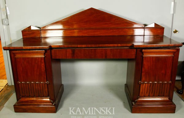 Five Piece Mahogany William IV Sideboard: 5 Piece William IV sideboard, 36 1/2"h (not including backsplash) x 87"l x 27"w. Missing screws and key.