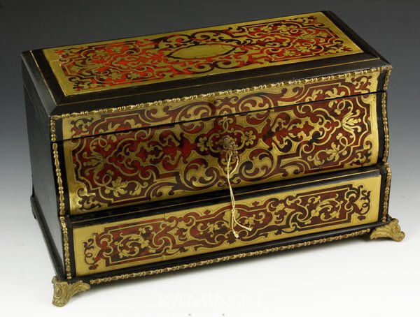 19th C. French Boulle Jewelry Box: 19th century, French, boulle jewelry box with ebony sides, secret lower compartment with key, 6 3/4"h x 12"w x 6"d.