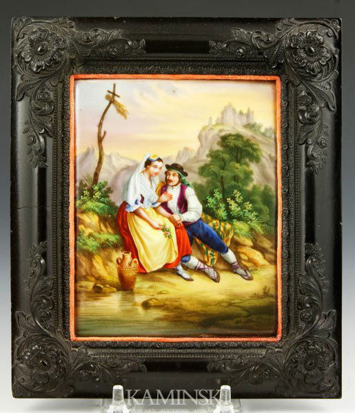 KPM Porcelain of Man and Woman: KPM porcelain of a man serenading a woman, in thermoplastic frame, 5 1/2"h x 4 1/4"w (image), 8 1/4"h x 7"w (frame).