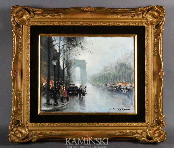 Herve, Paris Scene, O/B: Jules Rene Herve (French 1887-1981), Paris scene, oil on board, 8 5/8"h x 10 5/8"w.