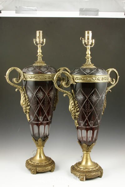 Pair Continental Bohemian Glass Lamps: Pair of Continental, Bohemian, cut glass lamps with ormolu mounts, 30"h x 15"w.