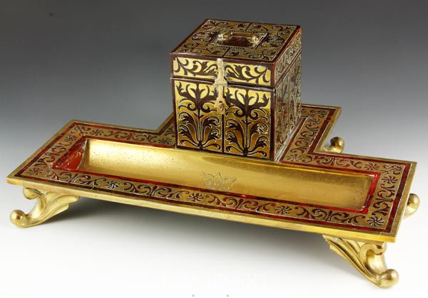 Late 19th/Early 20th C. Boulle Ink Stand: Late 19th/early 20th century, boulle ink stand with glass ink bottle, 6"h x 13"w x 8 1/2"d.