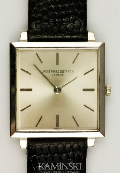 18K Gold Vacheron Constantin Wristwatch: Vacheron Constantin man's wristwatch, 18K white gold, approximately 1.0 oz / 18 DWT (including band and movement), 8 3/4"l x 1" square face. In working condition.
