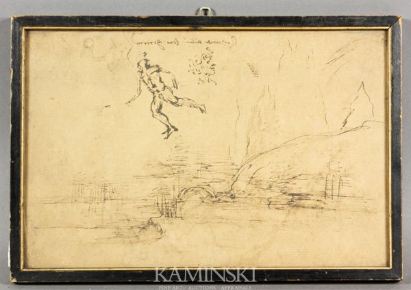 Man and River, Print: Man and a river, print, marked verso Leonardo da Vinci, 6 7/8"h x 10 1/2"w (sight), 7 3/4"h x 11 3/8"w (frame). Provenance: From a collection recently removed from storage after forty years.