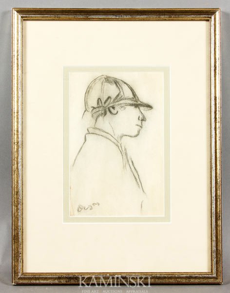 Charcoal Drawing of Man: Charcoal drawing of a man, signed Degas lower left, 7 1/2"h x 4 3/4"w (sight), 14 1/4"h x 10 3/4"w (frame). Provenance: From a collection recently removed from storage after forty years.