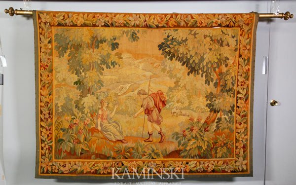 Fine Aubusson Tapestry Panel: Fine Aubusson tapestry panel, landscape with figures.