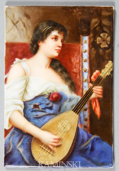 19th C. German KPM Porcelain Plaque: 19th century, German KPM, plaque, hand-painted porcelain of girl with mandolin, signed lower right, 6 1/4"h x 4 1/4"w.