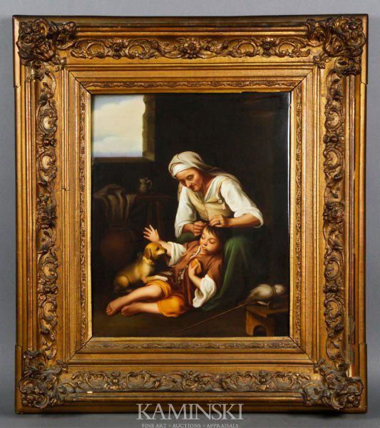 19th C. German KPM Porcelain Plaque: 19th century, German KPM, plaque, hand-painted porcelain, of mother and child, 12 1/2"h x 10"w (sight), 20"h x 17 1/2"w (frame).