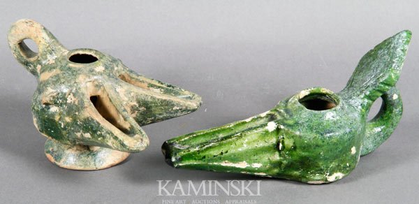 2 14th/15th C. Islamic Oil Lamps: Lot of two 14th/15th century Islamic oil lamps, green glazed, largest 6 1/2"l. Provenance: From a New York Collector.