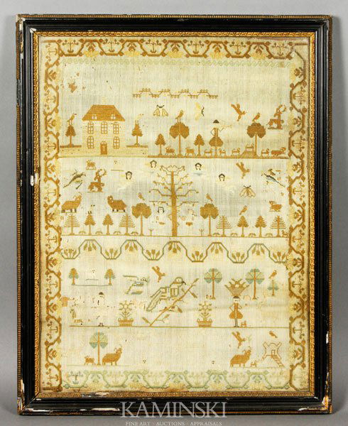 18th C. Sampler: 18th Century sampler, dated 1797, some holes and fading, 16 1/2"h x 12 1/2"l, 18 1/2"h x 14 1/2"l (frame).