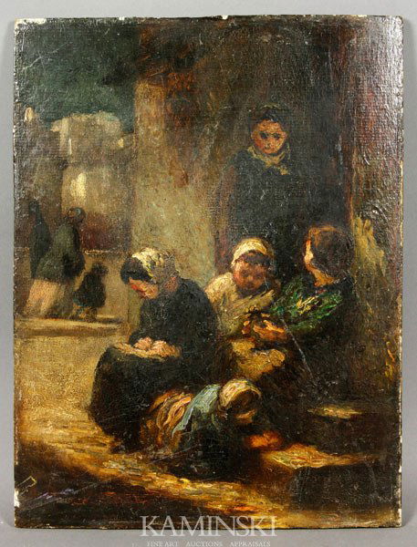 Family on Doorstep, O/B: Family on a doorstep, oil on board, labeled verso, "Honore Daumier 'Little Children' see Eduard Fuchs Albert Langen Verlag Muenchen 1930 p 257" 13" x 10". Provenance: From a collection recently remove