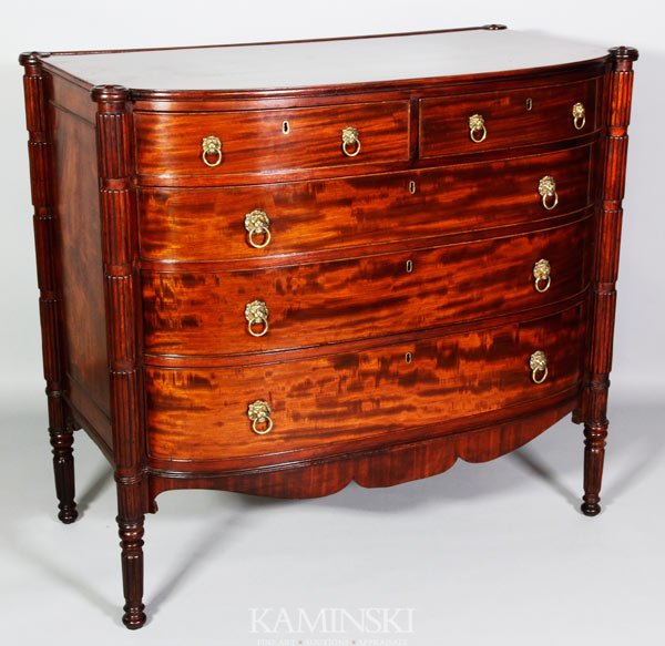 Rare Early 19th C. Boston Sheraton Chest: Rare early 19th century, Boston Sheraton mahogany five-drawer chest by John and Thomas Seymour, old label states that this belonged to Lady Cushing Whitwell who died in 1883, 42"h x 46"w x 24 1/2"d.