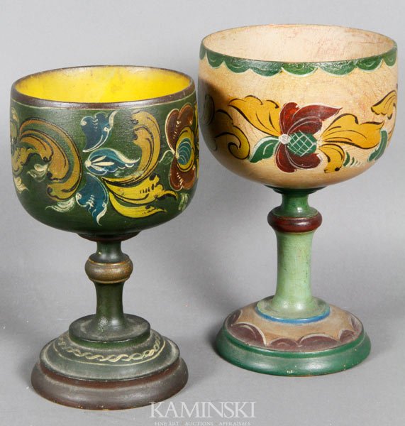 2 Lancaster Painted Cups: 2 Lehin Lancaster cups, Pennsylvania artist, both hand-painted, wood, one signed on base, 8 1/2"h. Original surface.