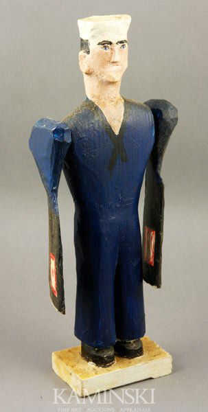 Sailor Whirligig: Sailor whirligig, having nautical flags on arms, carved wood, history of figure written on base in pencil, 13 3/4"h.