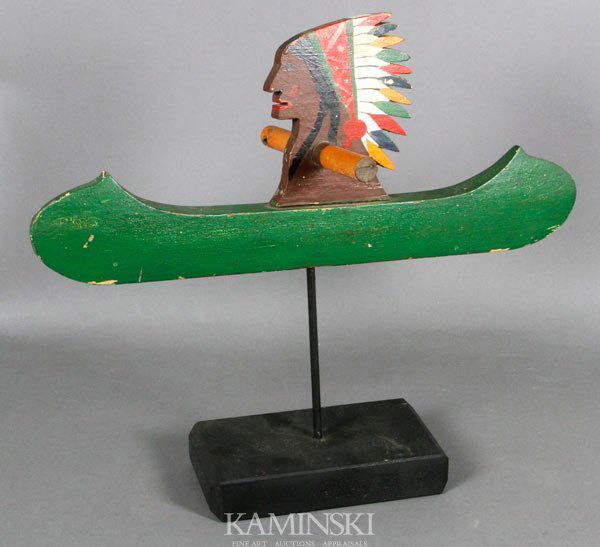 Whirligig of Native American: Whirligig of Native American in a canoe, 13"h x 15 1/4"w. Arms missing.