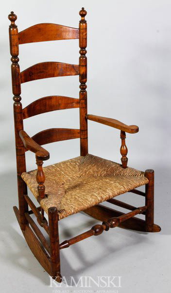 Early Ladderback Maple Rocker: Early ladderback arm chair rocker, maple, 42 1/2"h x 24"w x 16"d.