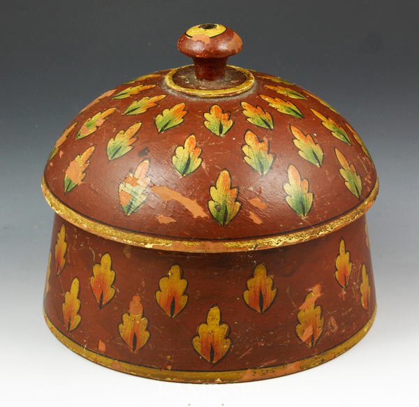 Folk Art Painted Acorn Box: Folk Art, oak leaf paint decorated acorn box, with green, yellow and tan leaves, from Brunswick Maine, 5 3/4"h x 6"dia.