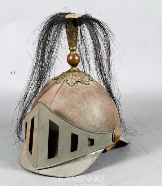 19th C. Tin Parade Helmet: 19th century, parade helmet with plume and shield, tin, 11 1/4"h.