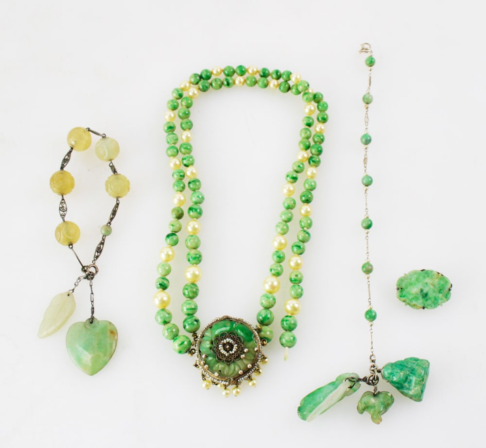 Jade Jewelry, Necklace, Bracelets, Pin: Jade jewelry, to include necklace with carved clasp, bracelet, pin, and bead bracelet. Provenance: San Diego, California collection. PLEASE NOTE: payment for silver, gold, jewelry, and coins must be m