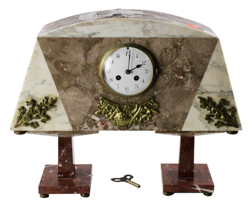 Deco Marble Clock: Deco marble clock, 10" x 19". With key. Provenance: Palm Beach, Florida estate.