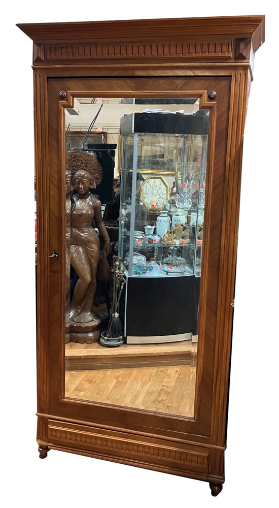 Antique French Armoire Having Beveled Glass Mirror: Antique French armoire having beveled glass mirror, 85" H x 38" W x 17" D. Provenance: Palm Beach, Florida estate.