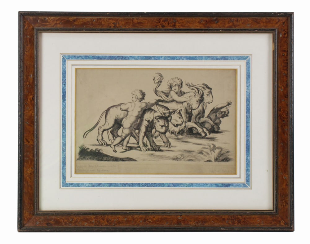 Annibale Carracci, From Triumph of Bacchus and Ariadne: Annibale Carracci (Italian, 1560-1609), "Group of Boys and Animals" from "Triumph of Bacchus and Ariadne", copper plate engraving, 9" x 13", framed 13" x 23". Provenance: Lynnfield, Massachusetts coll