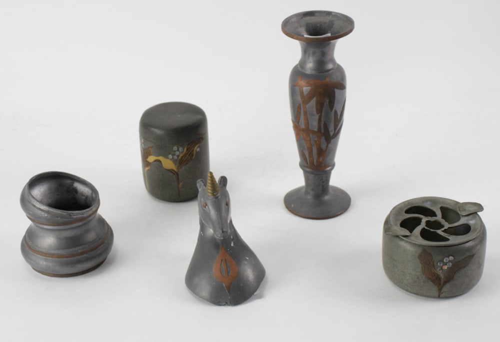Pewter Vase, Unicorn, Ashtray, Small Jar: Group of (4) pewter items, to include vase, unicorn, ashtray, and small jar. Provenance: Rockport, Massachusetts collection.