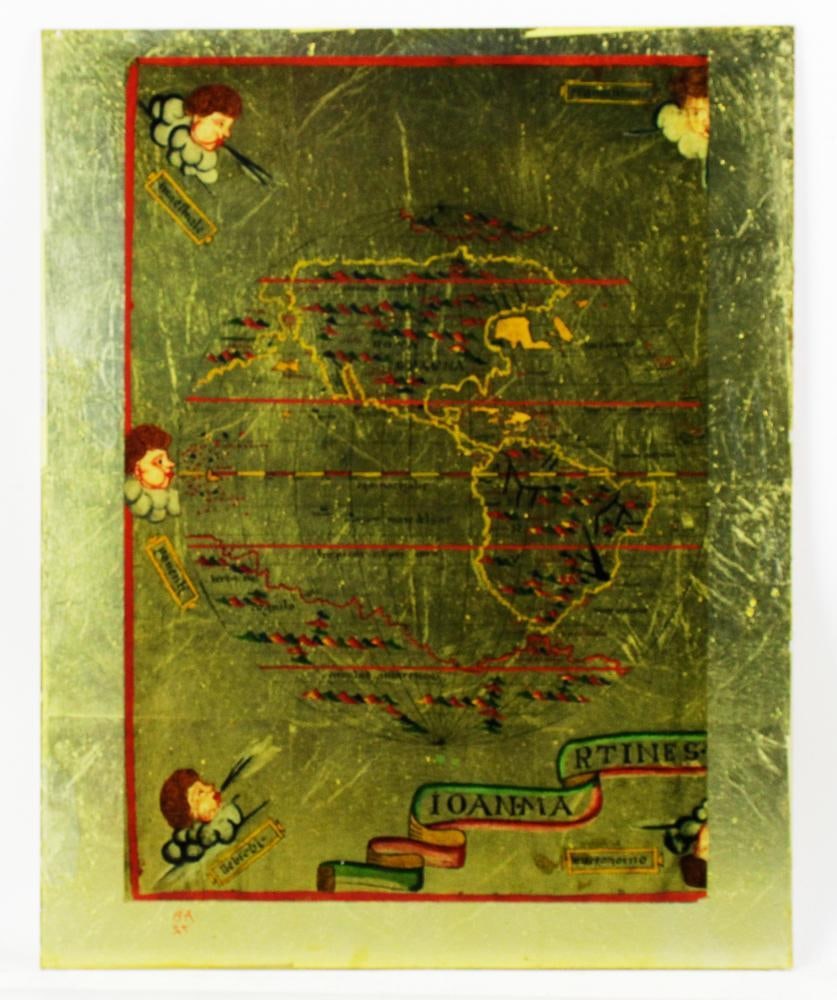 Reverse Painted Map of The New World 16thC: Reverse painted map of The New World 16th century, on glass and gold leaf, done in the 1950s, signed, 20 1/2" x 16 1/2". Provenance: Malden, Massachusetts collection.