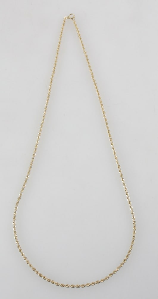 14k Yellow Gold Necklace: 14k yellow gold necklace, 26" L. Approximately 23 grams. Provenance: San Diego, California collection. PLEASE NOTE: payment for silver, gold, jewelry, and coins must be made via wire transfer, cash, o