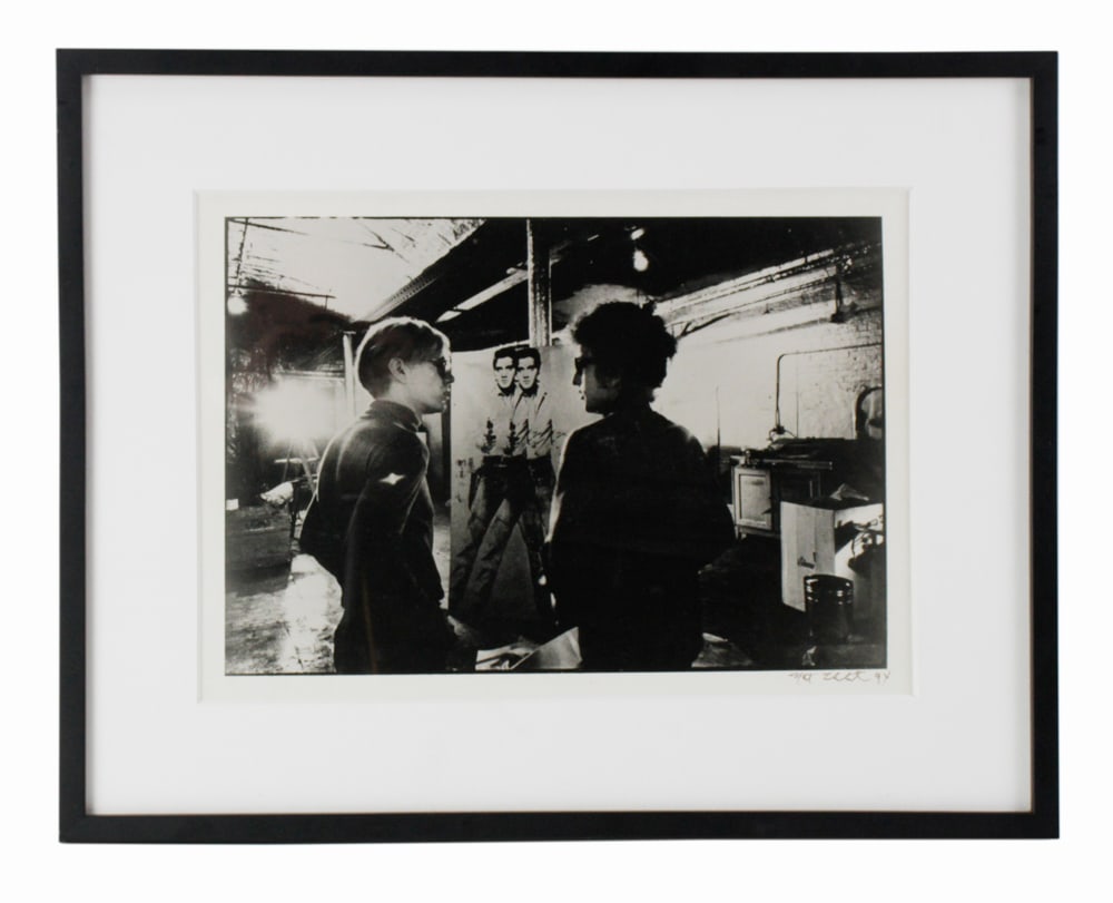 Signed '94 Andy Warhol and Bob Dylan in Studio: Signed '94 Andy Warhol and Bob Dylan in studio, New York, image 15" x 10 1/2". Provenance: Santa Barbara, California collection.