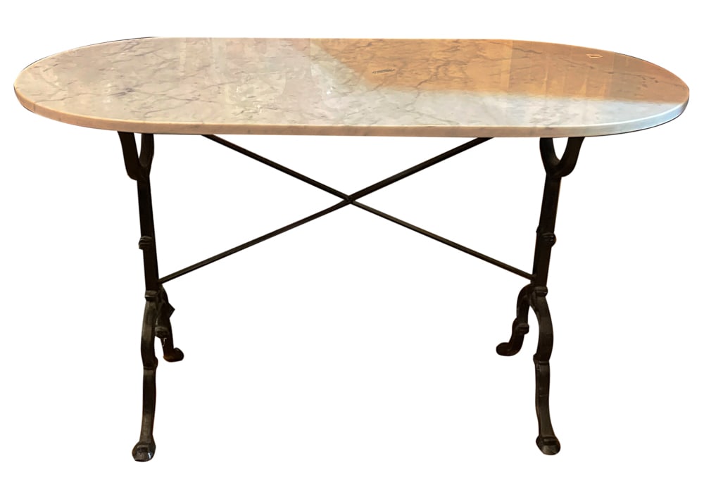 Table with White Marble Top: Table with white marble top, 28" H x 47" W x 23" D. Provenance: Rockport, Massachusetts collection.