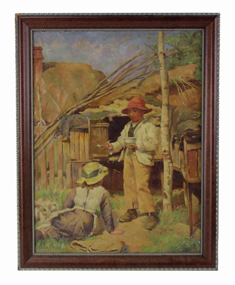Walter Osborne, Irish Children, Oil on Canvas: Walter Osborne signed, Irish children sharing food, oil on canvas, signed L/L, 24" x 18", framed 27" x 21". Some paint loss. Provenance: Winchester, Massachusetts collection.