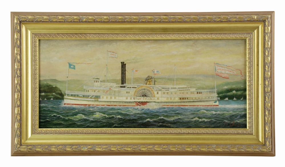 19thC Paddle Wheel "City of Catskill", Oil on Board (1 of 7)