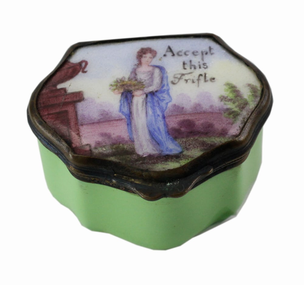 Antique Enameled Porcelain Patch Box: Antique enameled porcelain patch box, "Accept this Trifle" on lid, 1" x 2". Provenance: Jupiter, Florida collection.