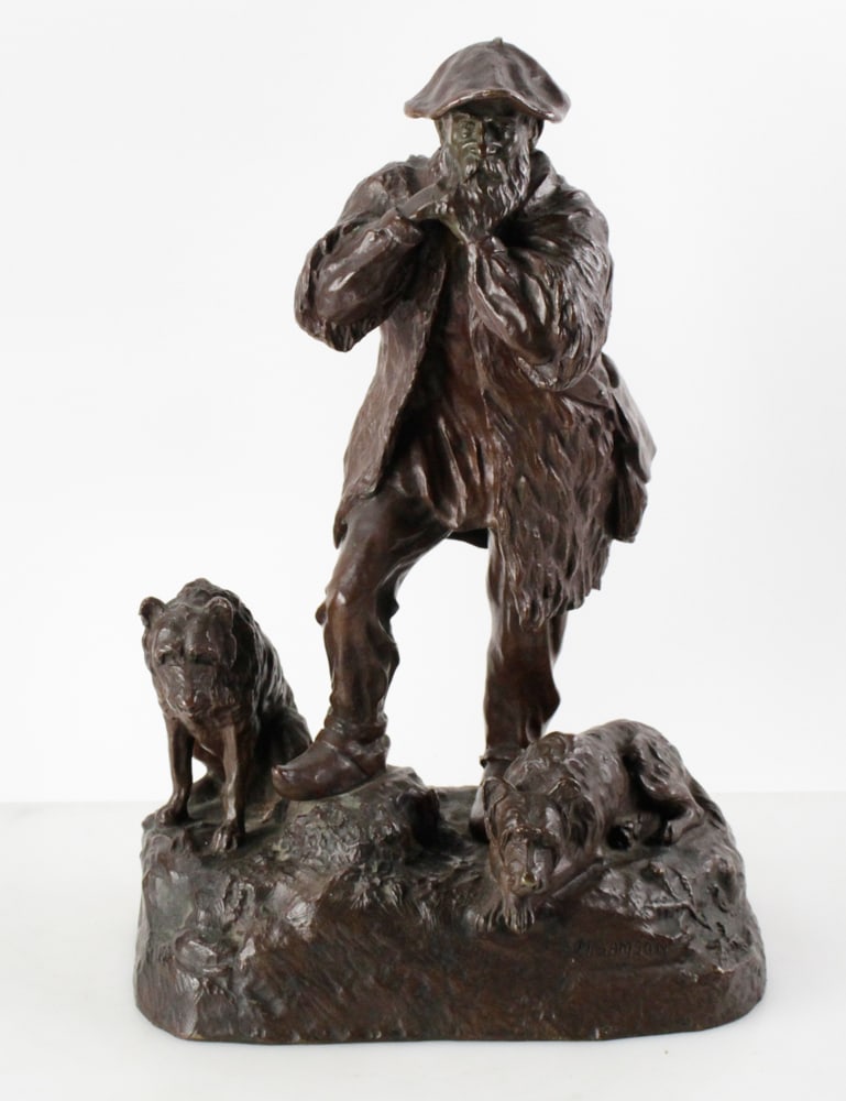 Bronze Sculpture of Bearded Man and Dogs, Signed M. Samson (1 of 10)