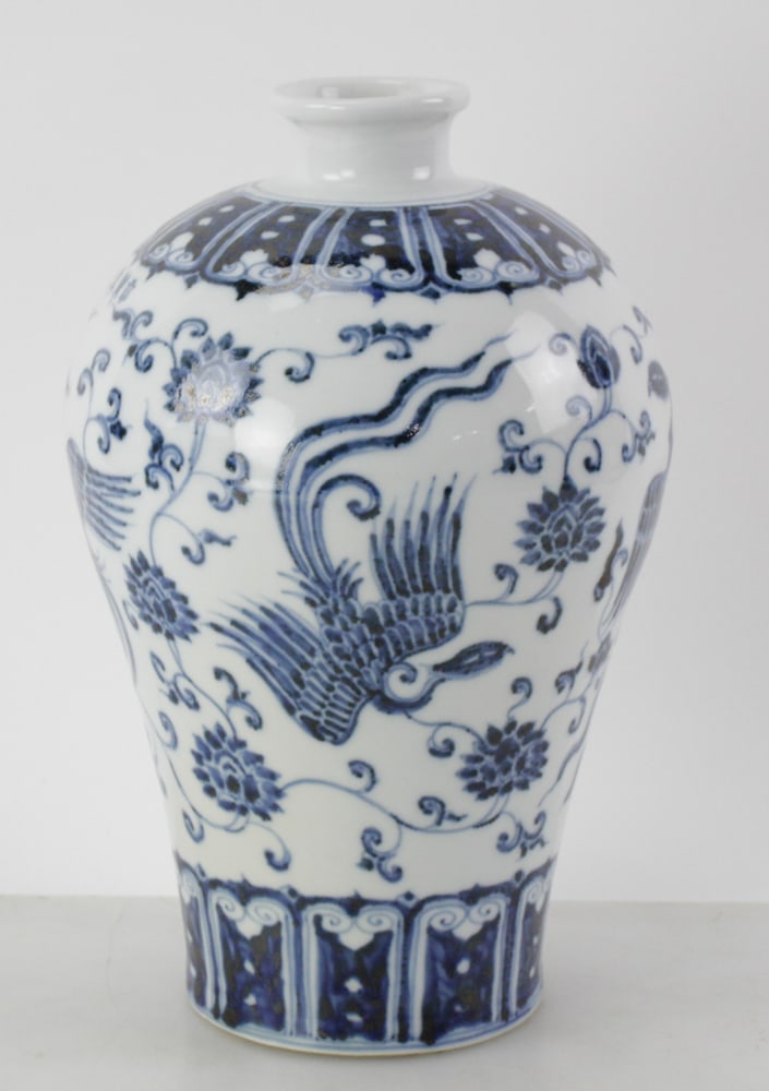 Chinese Blue and White Meiping "Phoenix" Vase, Ming Dynasty: Chinese blue and white meiping "phoenix" vase, Ming Dynasty (1368-1644), 11" H x 7" diameter. Provenance: Marblehead, Massachusetts collection.