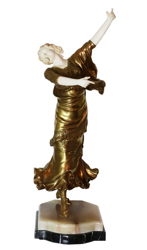 Art Deco Bronze Marble and Bone Dancing Figure: Art Deco bronze, marble and bone dancing figure, 19" H x 9".