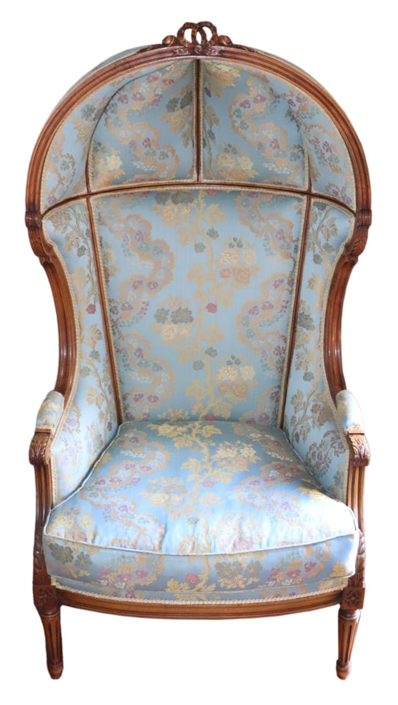 French Louis XVI Style Bonnet-Top Armchair: French Louis XVI style bonnet-top armchair, hand-carved, with new floral upholstery, 56" H x 28" W x 30" D.