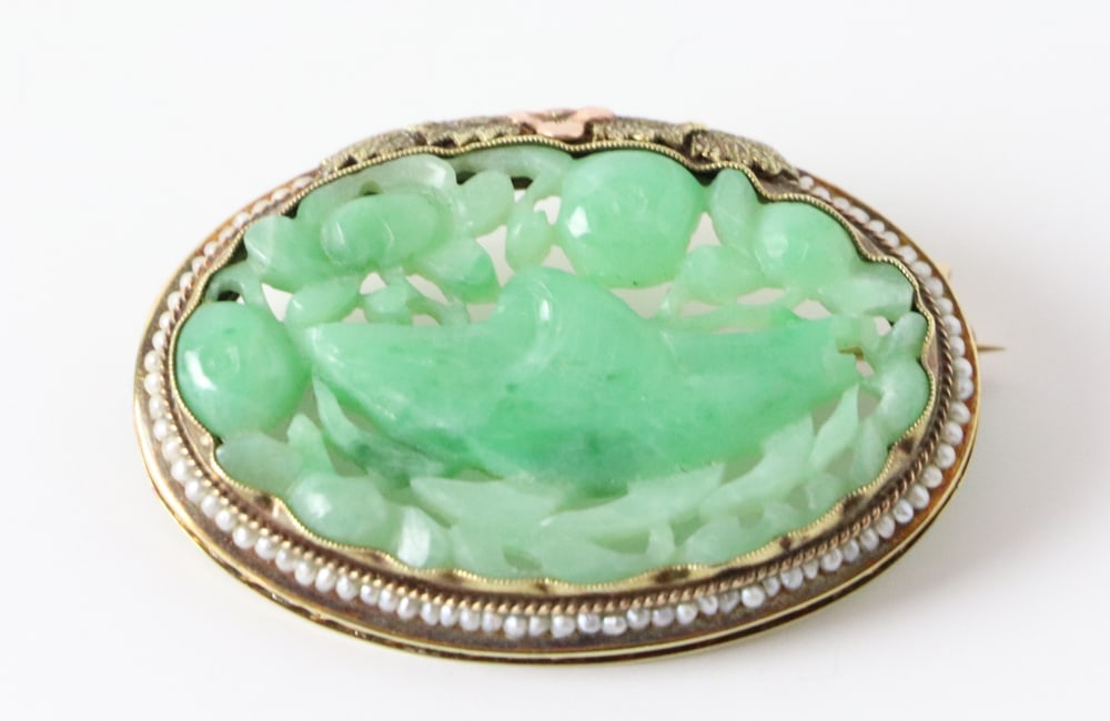 14k Gold Pin with Carved Jade and Pearls (1 of 5)