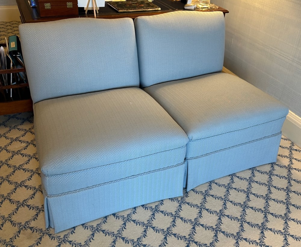 Pair of Powder Blue Cotton Upholstered Seats: Pair of powder blue cotton upholstered seats, 29" H x 27" W x 32" D. Provenance: From a Fifth Avenue New York home decorated by David Laurence Roth, former designer at the New York Met.
