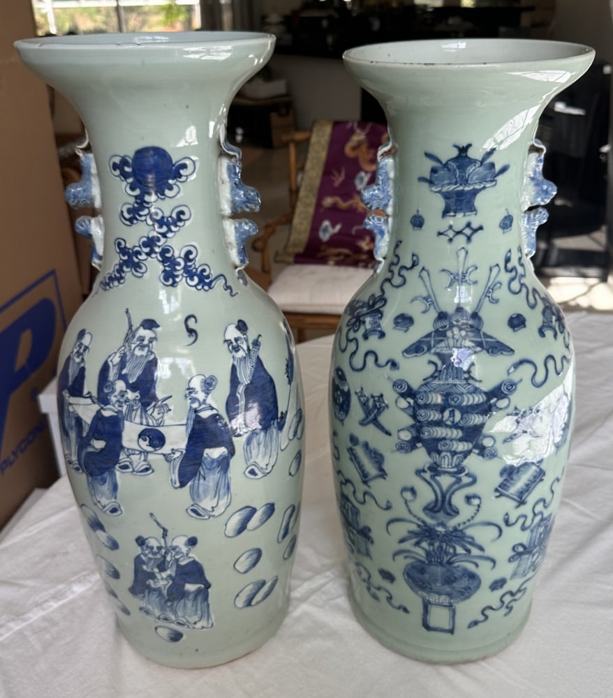 Chinese Celadon Vase with Figures: Chinese celadon vase with figures, 24" x 9".