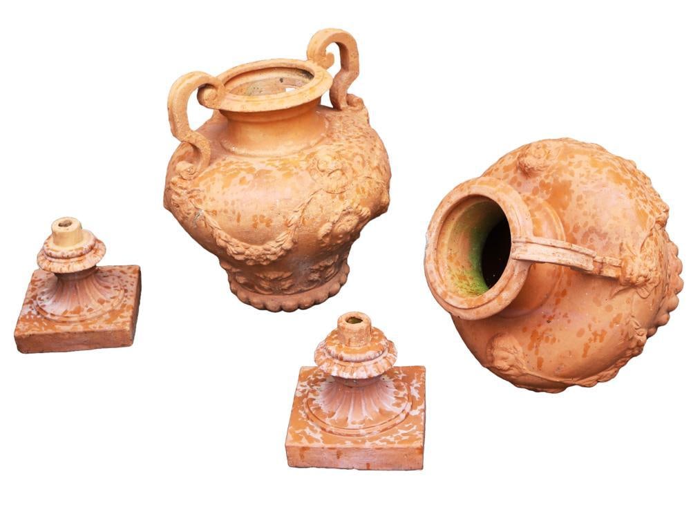 Pair of Classical Terra Cotta Urns with Lion Heads (1 of 7)