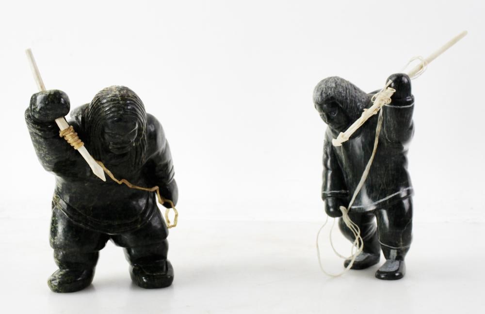 Pair of Inuit Black Soapstone Carvings of Hunters: Pair of Inuit black soapstone carvings of hunters with bone spears, both signed indistinctly, larger 7 1/2". Provenance: West Newton, Massachusetts collection.