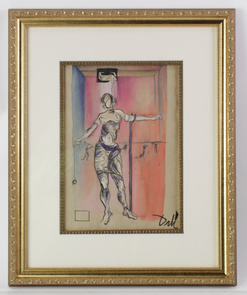 Dali, Nude, Watercolor Drawing: Dali, nude, watercolor drawing, signed L/R, 11" x 8", framed 19" x 15". Provenance: York, Maine collection.