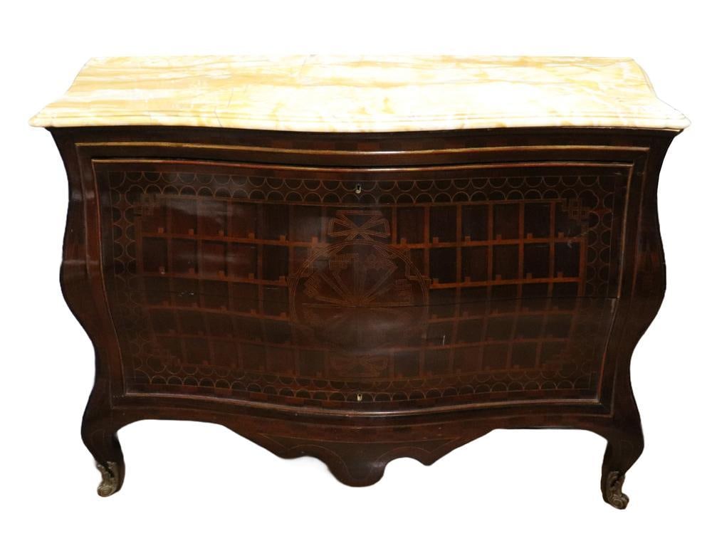 Italian Marble-Top Credenza with Marquetry Inlay: Italian marble-top credenza with marquetry inlay, 41 1/2" H x 59 1/2" W x 25" D. Provenance: Private Collection, Essex, Massachusetts.