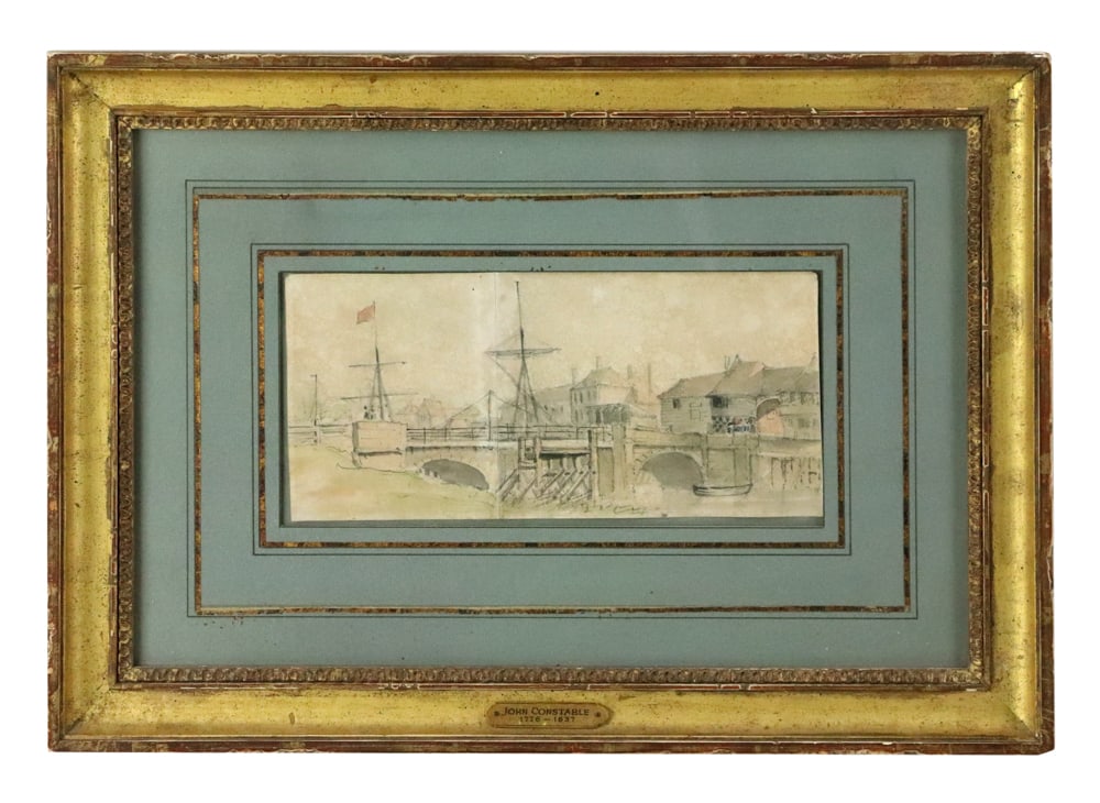 John Constable, The Bridge at Sandwich: John Constable (British, 1776-1837), titled "The Bridge at Sandwich", watercolor, inscribed in the artist's hand, 4 7/8" x 10 1/4", framed 14" x 19". Numerous exhibition labels, John Manning London, W