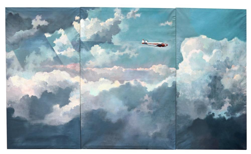 Eric Sloane, Learstar Jet in the Clouds, Oil on Canvas: Eric Sloane, N.A. (1905-1985), Learstar Jet in the Clouds, triptych oil on canvas, 69 1/2" x 37 1/2", 69 1/2" x 48", and 69 1/2" x 37 1/2". Overall 69 1/2" x 123". Provenance: Painted as an introducti