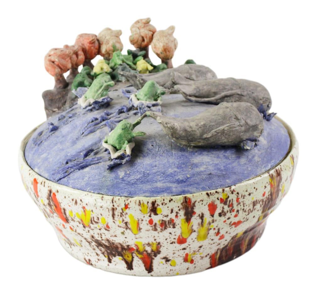 David Gilhooly, Tureen, "The Great Race": David Gilhooly (American, 1943-2013), ceramic tureen, "The Great Race", 1967, 8" x 11". Provenance: Estate of the late Maurice & Myna Perlstein of La Jolla, California and Chicago, Illinois